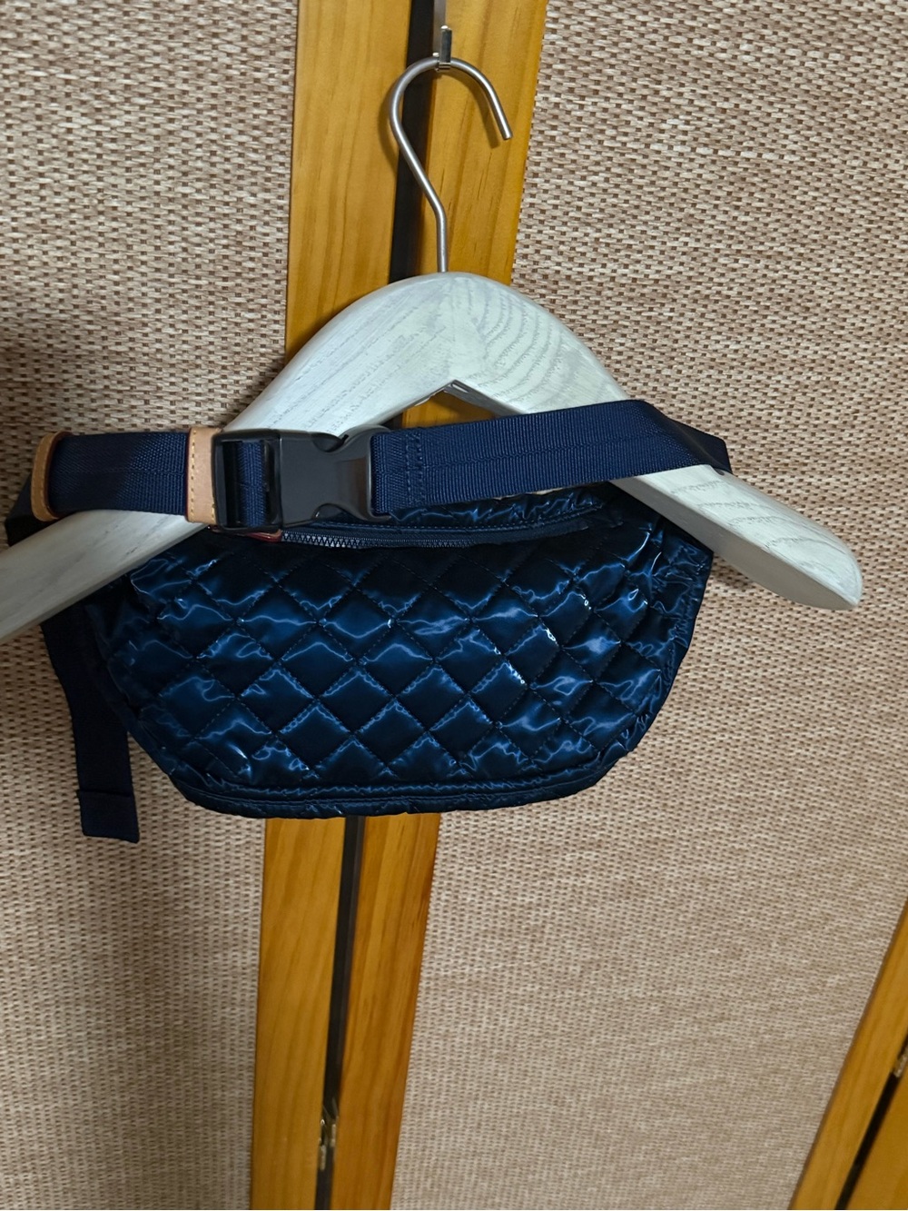 MZ WALLACE Quilted Navy Satin Waist Bag with Luggage Leather Accents - Picture 2 of 3